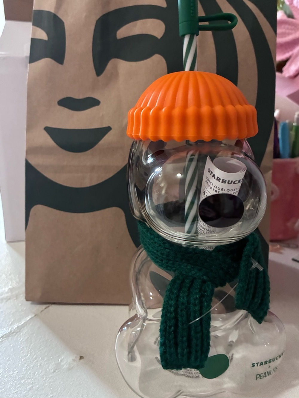 Starbucks Clear Snowman Tumbler with Orange Lid and Green Scarf